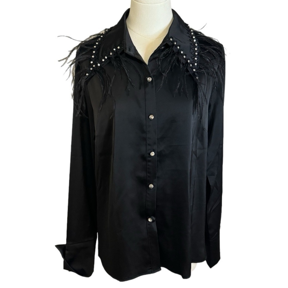 KM by Katherine Black Satin Button Up Shirt Feathers Rhinestones Long Sleeve‎ M